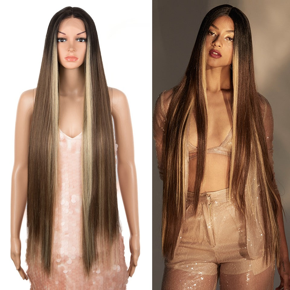 Peruca frontal de renda sintética FREEDOM para mulheres, 38 polegadas, longa, lisa, ombré, marrom, vermelho, gengibre, destaque, perucas frontais de renda, peruca de cosplay