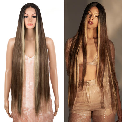 Peruca frontal de renda sintética FREEDOM para mulheres, 38 polegadas, longa, lisa, ombré, marrom, vermelho, gengibre, destaque, perucas frontais de renda, peruca de cosplay