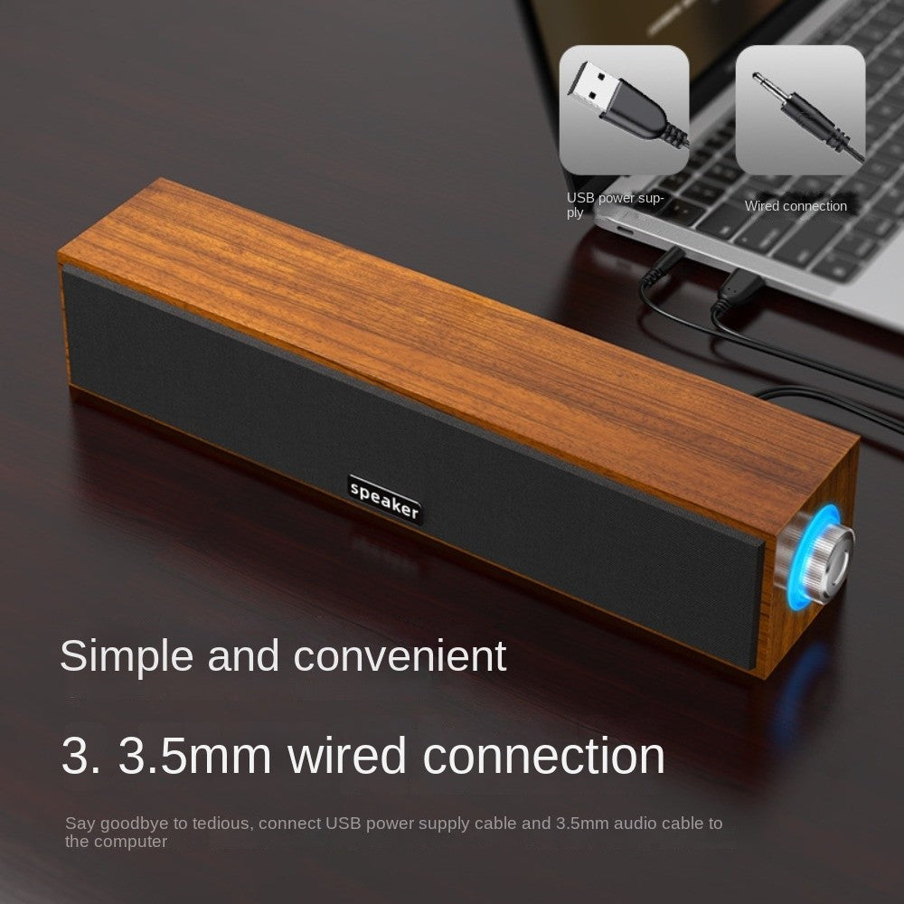 Nova Barra de Som de Madeira com Fio USB e Bluetooth Duplos para Notebook, Computador, Mesa, Graves Potentes