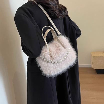 Winter Fashion Faux Fur Crossbody Bags for Women's Gift, Pearl Chain Decor Shoulder Bag, Ladies Handbags Top-handel Bag