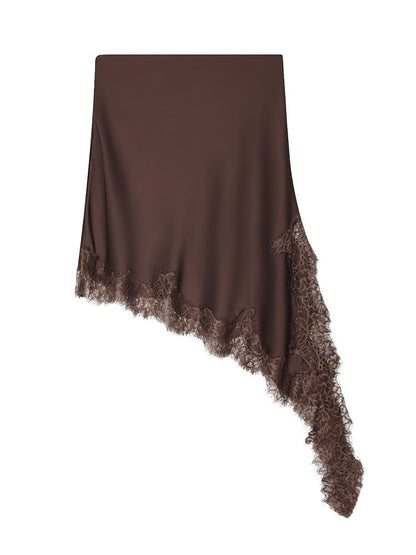 HH Women 2025 New Fashion Simple Asymmetrical Lace Skirt Female Elegant Sexy Silk Satin Texture Mid-Waist Casual Versatile Skirt