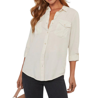 CGS-Women Double Pockets Spliced Decoration Denim Shirt Jacket Single-Breasted Lapel Casual Female Tops