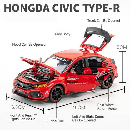 Scale 1:32 CIVIC TYPE-R Car Model Toy Doors Opened Music Light Pull Back Miniature Vehicle Models Deicast Metal Gifts for Kids