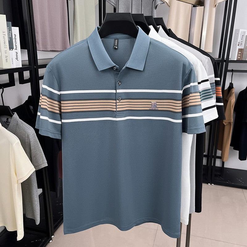 Advanced trend brand men's short sleeve polo shirt luxury striped summer breathable casual fashion letter embossed new T-shirt