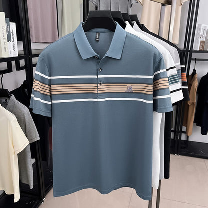 Advanced trend brand men's short sleeve polo shirt luxury striped summer breathable casual fashion letter embossed new T-shirt
