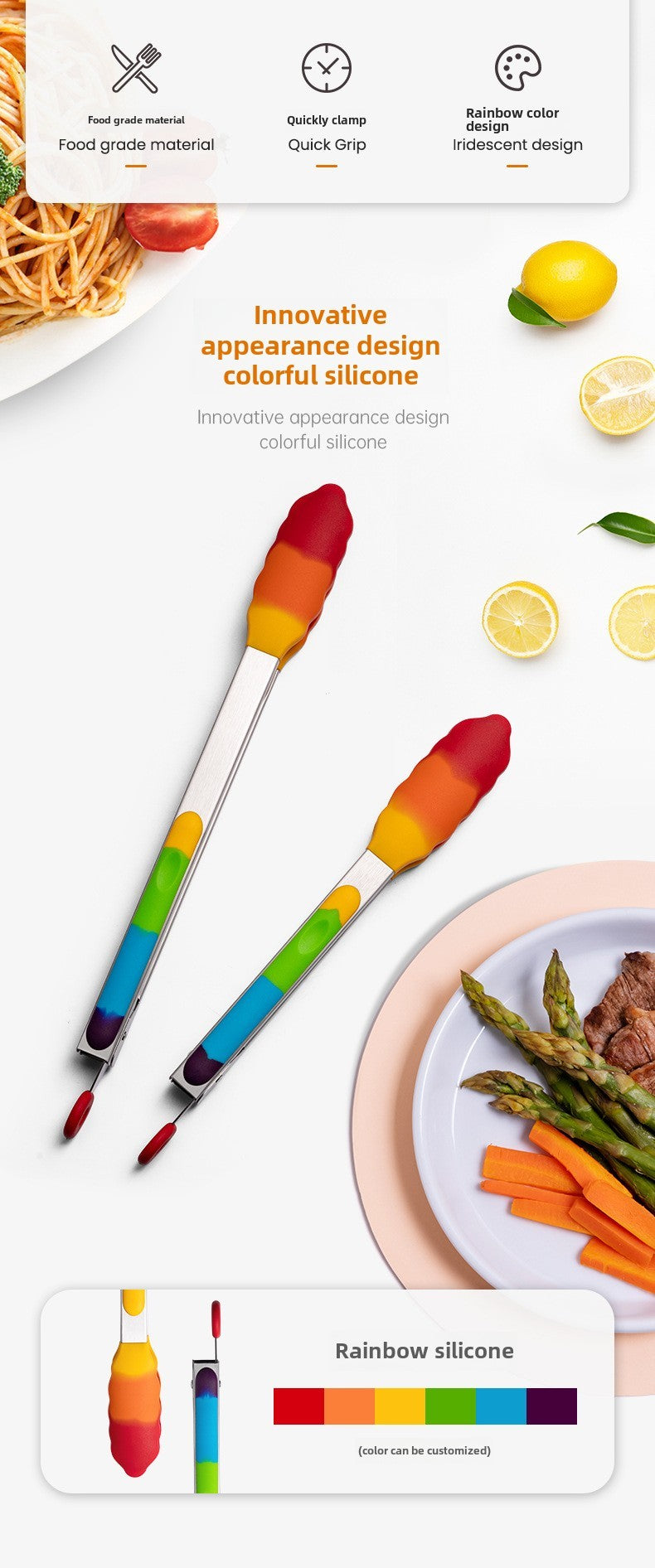 Heat-resistant silicone food tongs kitchen tool stainless steel food tongs anti-scald steak tongs barbecue tongs bread tongs