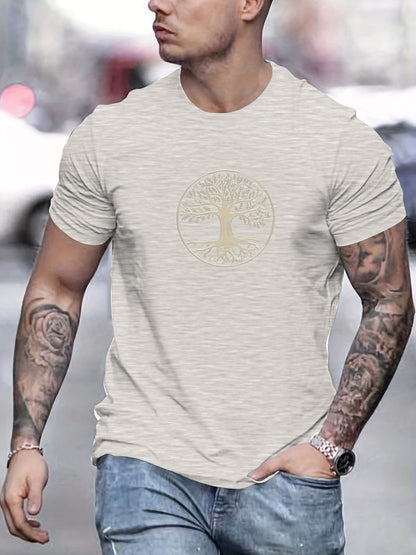 Men's summer 100% pure cotton fashionable casual sports wide pine pattern printed sports round neck short sleeved T-shirt top