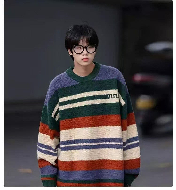 Simple Versatile Trendy Men's Crew Neck Sweater Contrasting Stripes Casual Loose Neutral Style Pullover