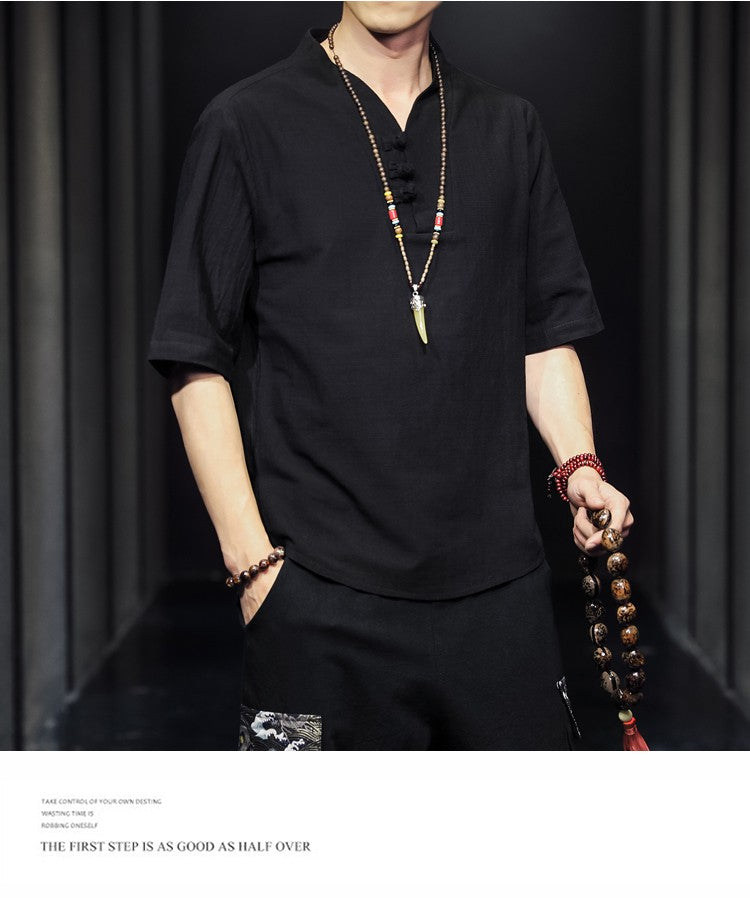 2023 Men Summer Cotton Linen Tang Shirt Men Chinese Style Button Short-Sleeved Shirts Male Blouse Vintage Kung Fu Hawaiian Shirt