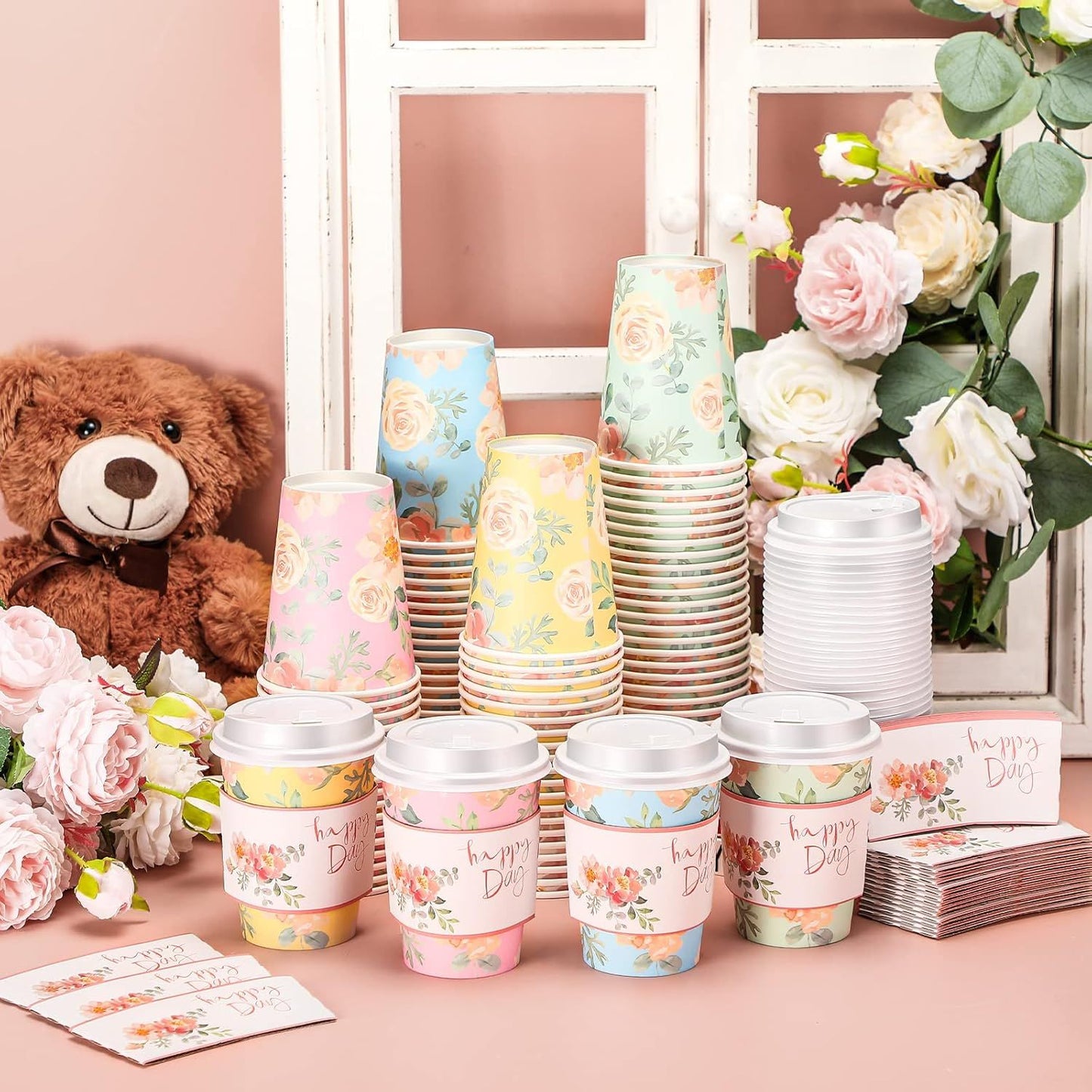 100 Copos de Café Descartáveis Florais de 12oz com 100 Tampas e 100 Luvas Copos de Papel Isolados para Bebidas Quentes