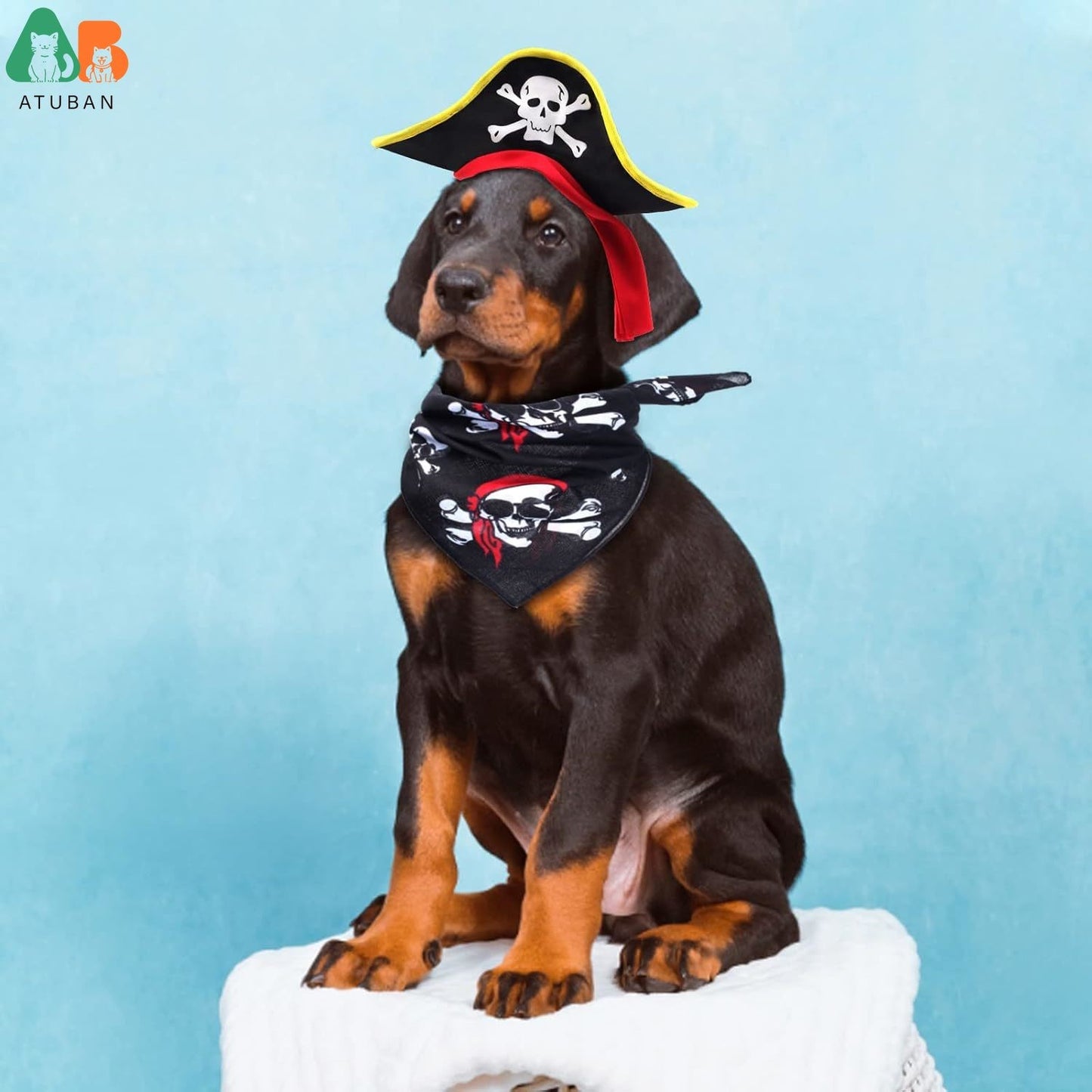 Chapéu de Pirata ATUBAN com Estampa de Caveira para Animais de Estimação com Bandana de Caveira para Cães e Gatos, Boné de Capitão, Fantasia de Pirata para Cosplay de Halloween, Festa de Halloween
