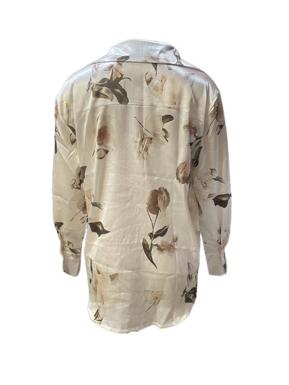 Elegant Intellectual Women's Satin Floral Print Shirt | Soft & Smooth V-Neck Long-Sleeve Button Formal Top for Spring
