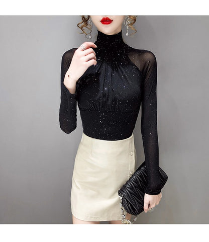 Korean fashion Women Mesh top High neck Sexy Black bottoming t shirt Casual Bright silk Lady shirt Blusa