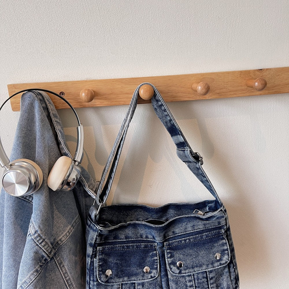 Vintage Washed Canvas Fashionable Bag, Women's Crossbody Bag, Large Capacity Commuting Casual Denim Shoulder Bag