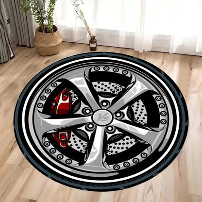 Crystal Velvet Carpet Car Wheels Printing Round Rug Soft Non-Slip Floor Mat for Living Room Bedroom Kitchen Bathroom Decor