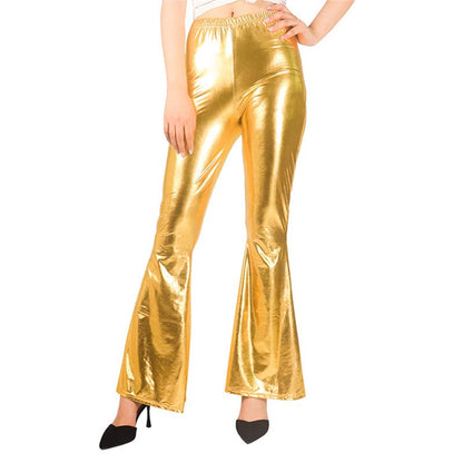 Women Shiny Flare Trousers Laser Metallic Wetlook Ruffle Wide Leg Pants Retro 70s Disco Hippie Club Trousers Skinny Bell Bottoms