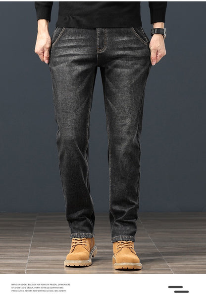 2024 Winter Warm Jeans Men's Fleece Thickened Slim Straight Trousers Fashion Stretch Cotton Casual Denim Pants Brand Clothes