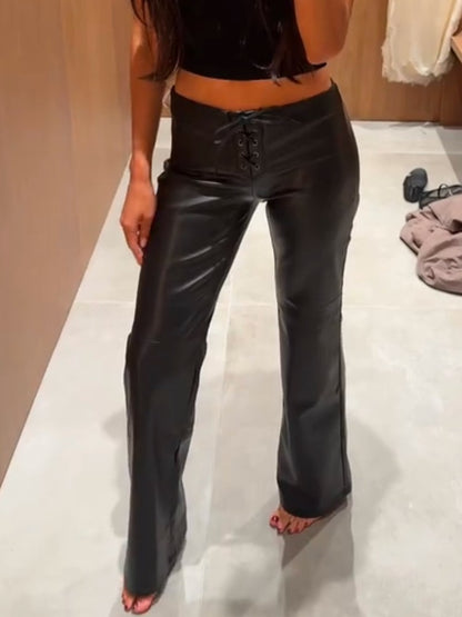2026 New Solid Black Leather Long Pants For Women Y2K Casual Tie Up Drawstring Flared Trousers Female Chic Street Bell-bottoms