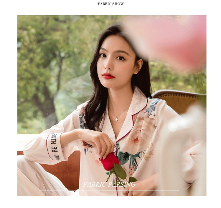 Lightweight Long-Sleeve Silk Pajamas Set for Young Girls French-Style Casual Homewear Nightwear Women's Comfortable Sleepwear