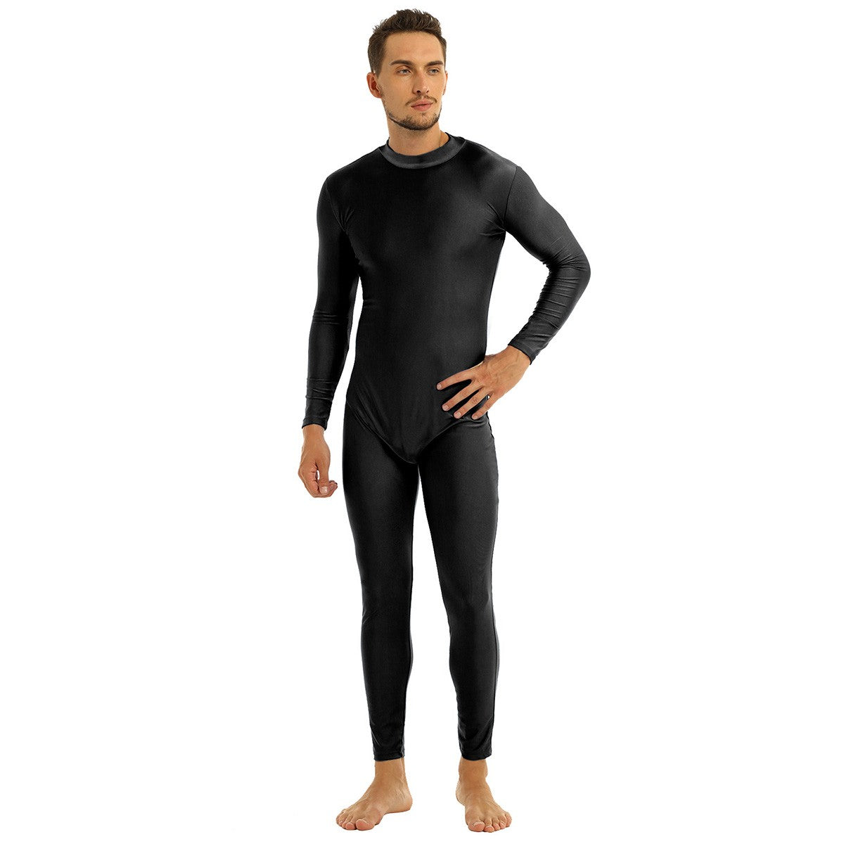 Mens Full Body Spandex Zentai Suit Black Long Sleeve Unitard Adult Zipper Back Footless Ballet Dancewear Bodysuit Costumes