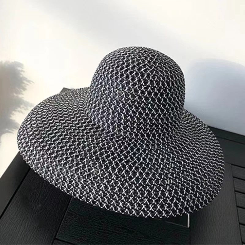Chapéu de sol de palha de aba larga, chapéu de sol de malha de abajur de seda brilhante de verão, chapéu coco estilo Hepburn francês, chapéu de sol para praia ao ar livre