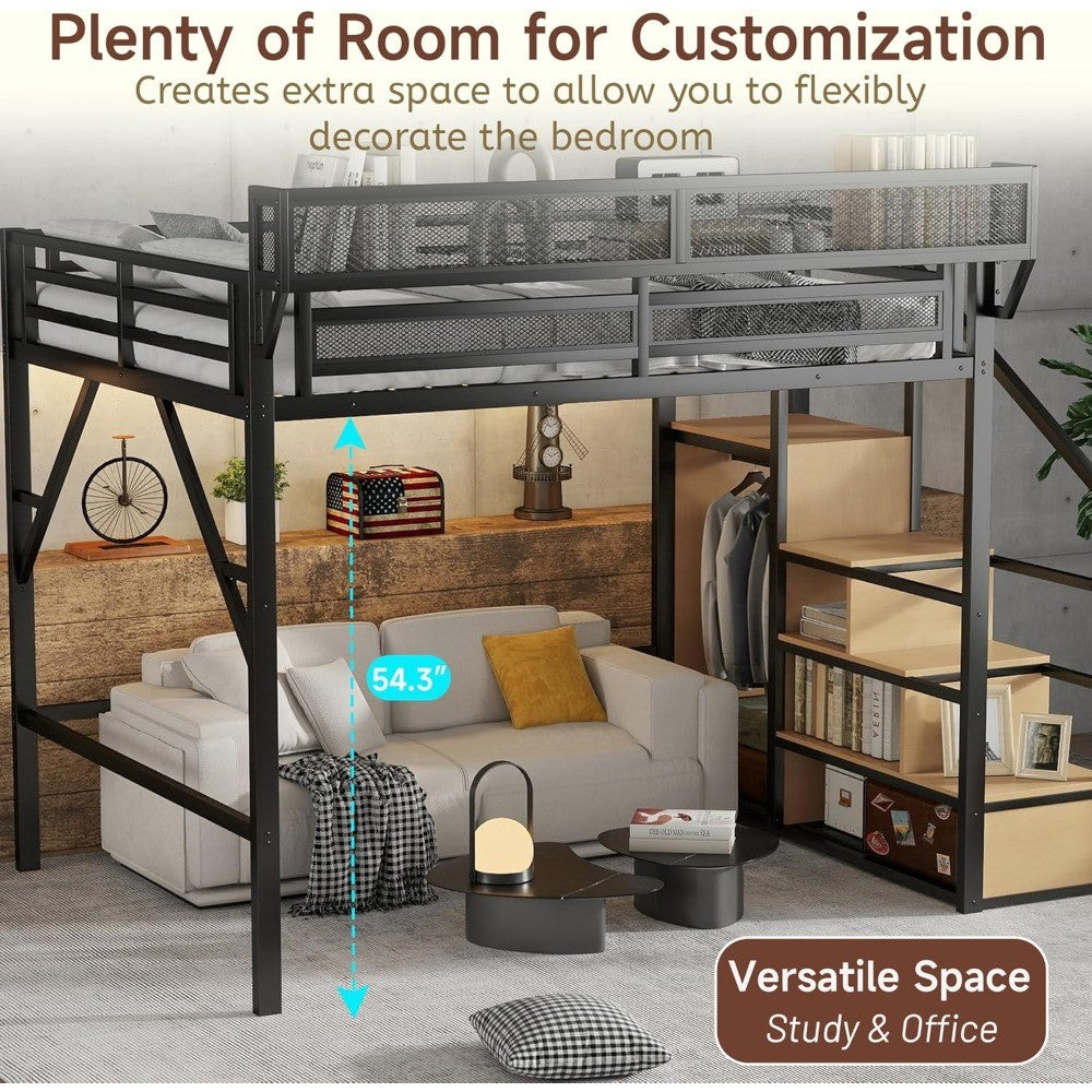 Size Loft Bed with Stairs and Storage, Metal Loft Bed Frame with Bedside Shelf and Large Under-Bed Space, Heavy-Duty Bed