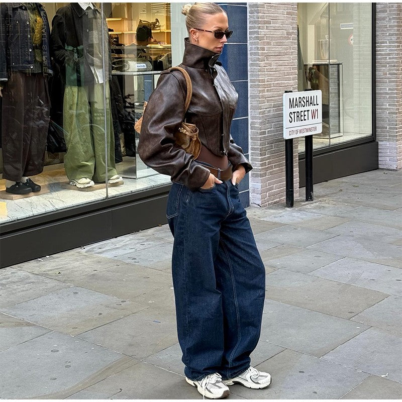 Vintage Women's Cropped Faux Leather Jacket Stand Collar Balloon Sleeve Biker Style PU Leather Coat Streetwear Fashion Outfit