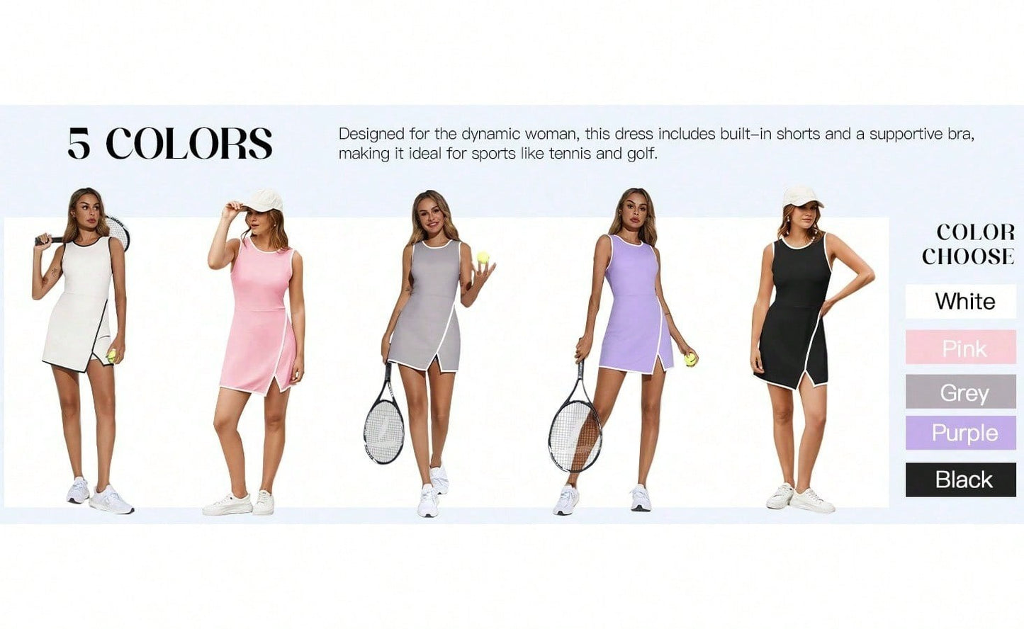 Women's Tennis Dress With Built-In Shorts & Pockets, Sleeveless Athletic Mini Dress With Bra, Golf Sports Dress