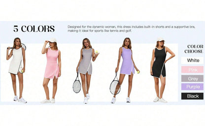 Women's Tennis Dress With Built-In Shorts & Pockets, Sleeveless Athletic Mini Dress With Bra, Golf Sports Dress