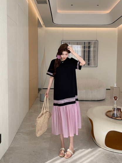 NYFS 2025 Summer Dress Loose plus Size Black Patchwork Pink Hem Long Dresses Robe Elbise Short Sleeve Korean Style Woman Dress