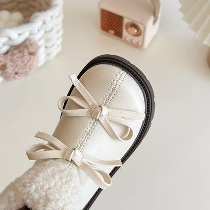 Girls Padded Fashion Leather Boots 2-18 Years Old Thickened Bow Hairy Girls Cotton Shoes Winter Beige Soft Non-slip Kids Boots