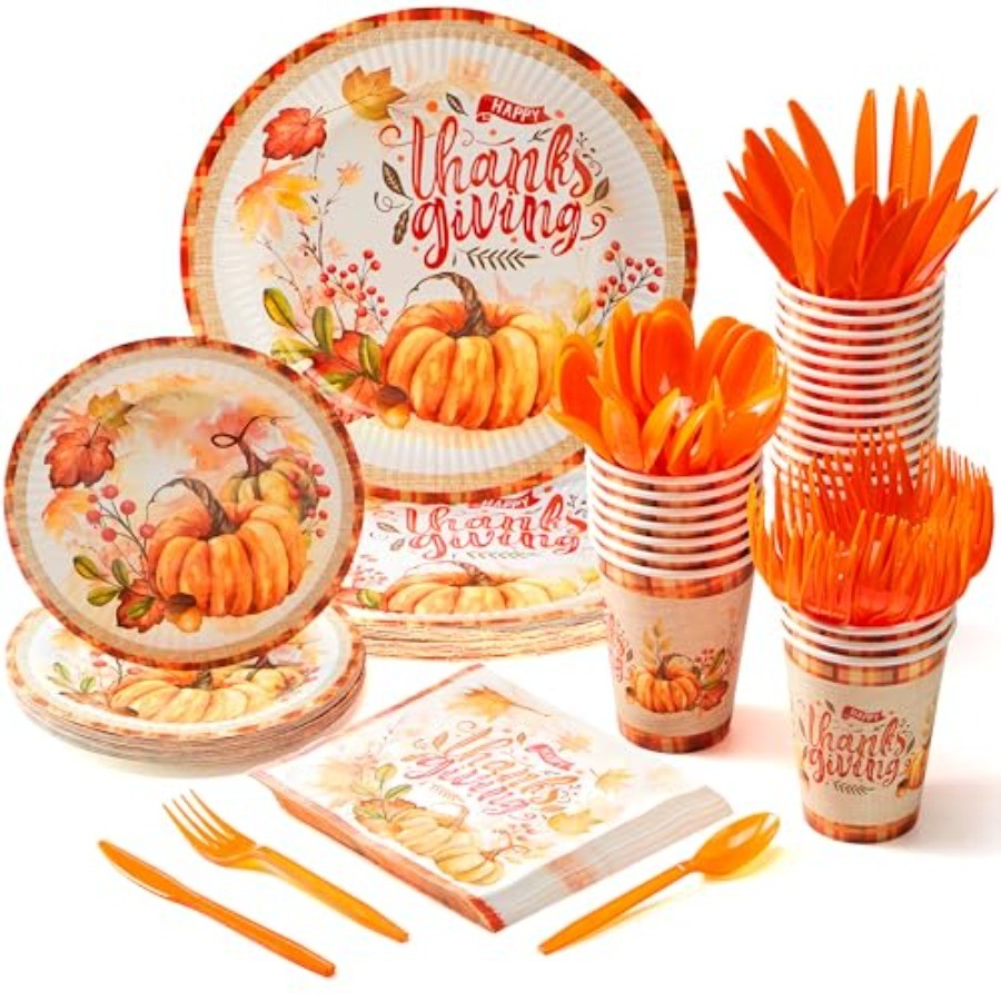 175 PCS Thanksgiving Disposable Paper Plates Paper Gold Disposable Dinnerware Set for Fall Harvest Thanksgiving Parties Ideal f