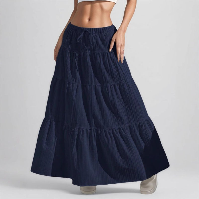 Summer Women White Long Skirt Solid Basic Lace Up Bow Low-Waisted Big Swing Skirts Female Street Casual Loose Spliced Maxi Dress