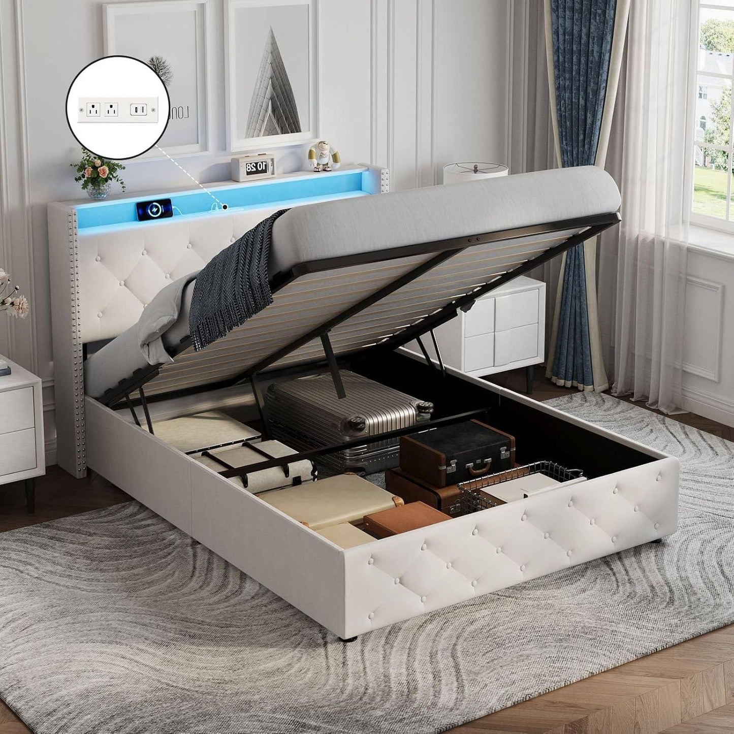 Full Size Bed Frame with LED Headboard & Lift Up Storage, Velvet Upholstered Platform Bed Frame with Led Light and Charg