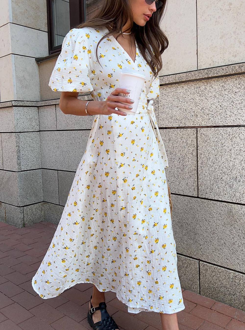 Casual Women's Summer Dresses 100% Cotton Floral Print A-line Midi Dress with Si