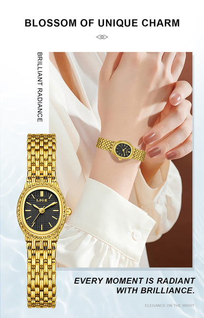 LIGE Golden Women Wristwatch Small Dial Ladies Gold Watch Bracelet Jewelry Quartz Lady Watch Compact Stylish Luxury Women Watch
