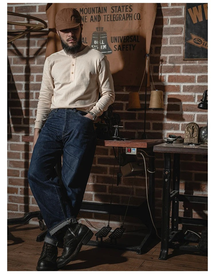 Bronson 350g Heavyweight L/S Henley Shirt Vintage Plain Base T-Shirt For Men