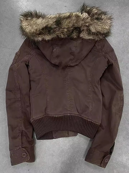 Vintage Fur Lined Bomber Jacket Womens Brown Zipper Hooded Coat with Sherpa Lining  Ribbed Cuffs Y2K Autumn and Winter Clothing