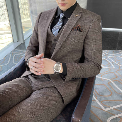 British Korean Style High Quality Modified Plaid Three-Piece Suit for Men - Stylish Business Casual Suit Vest And Trousers Set