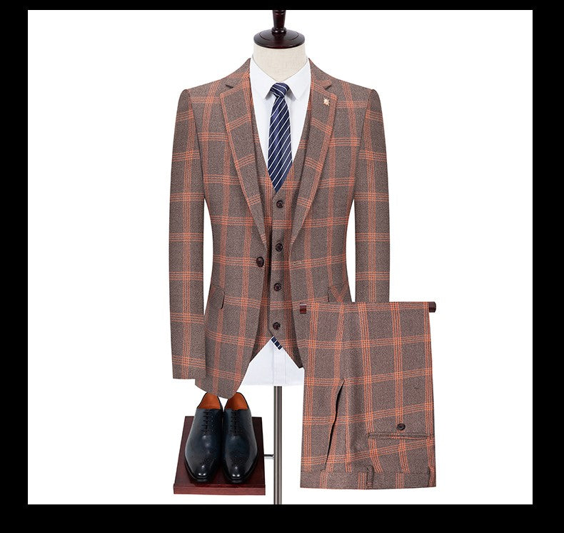 Men's Spring Autumn Wedding Suit 2024 Three-Piece Set Slim Fit Checkered British Style with Waistcoat And Trousers