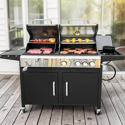 3 In 1 Gas and Charcoal Grill Combo with Side Burner, Porcelain-Enameled Cast Iron Grate, Extra Large Dual-Function BBQ Propane