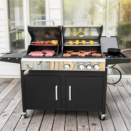 3 In 1 Gas and Charcoal Grill Combo with Side Burner, Porcelain-Enameled Cast Iron Grate, Extra Large Dual-Function BBQ Propane