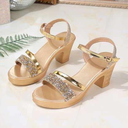 2025 New Sequins Chunky Heel Sandals for Women Summer Ankle Strap Platform Sandals Woman Fashion High Heel Party Shoes