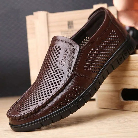 Plus Size Breathable Hollow Out Leather Sandals For Men Summer Comfortable Slip-Ons With Gap Between The Shoes And The Ground
