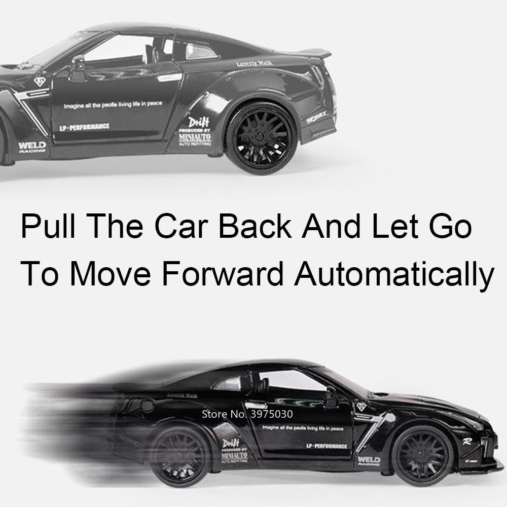 1/32 Escala Liga Fundida Nissan GTR Carro Esportivo Modelo Brinquedo Portas Abertas Fricção Som Música Veículo em Miniatura Presentes para Crianças Coleção