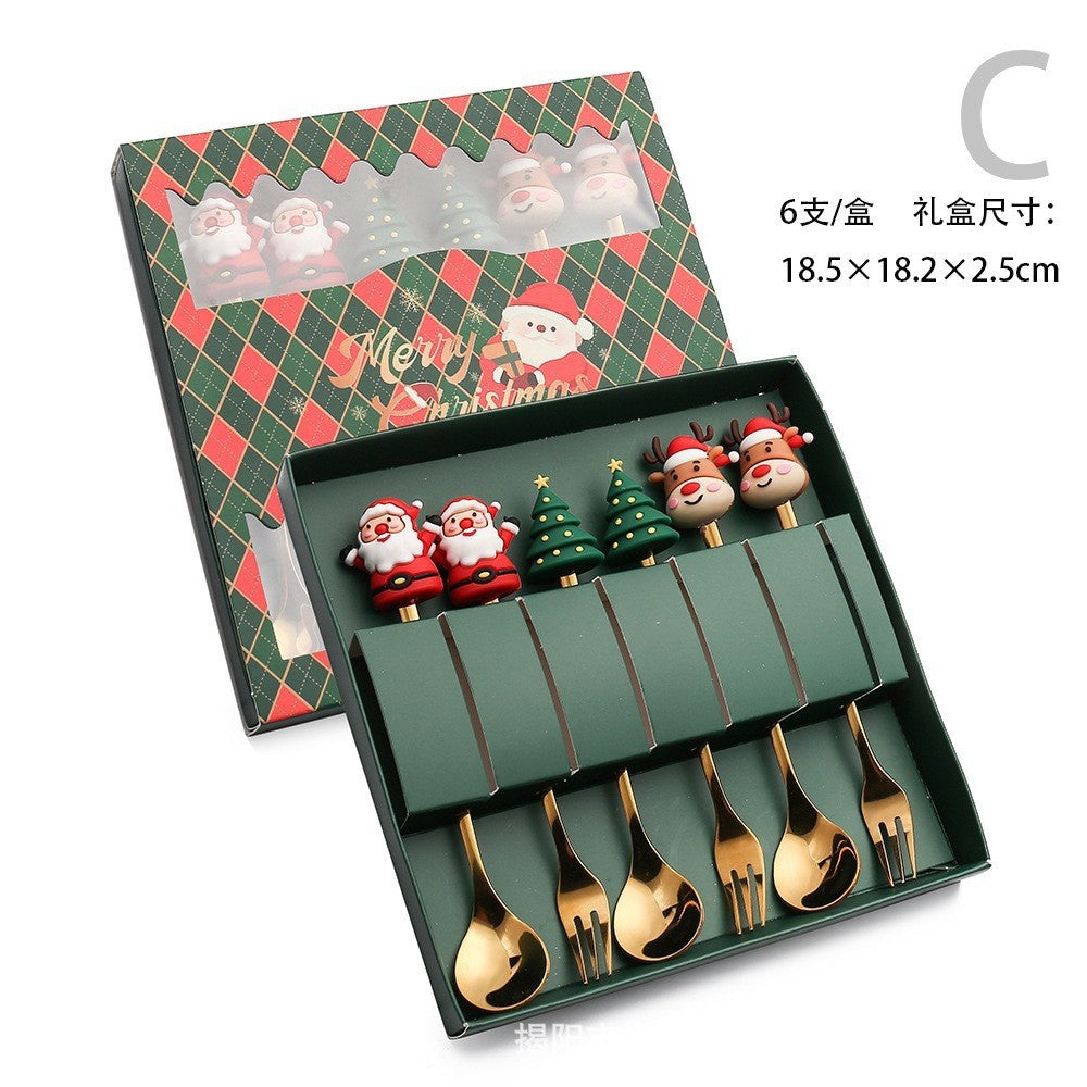 Conjunto 6 Peças de Garfos e Colheres Papai Noel Árvore de Natal Aço Inoxidável Colher de Café Sobremesa Utensílios de Mesa para Festa de Natal Presente Requintado