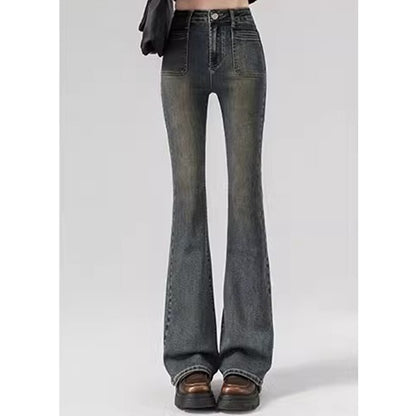 Spring Woman High Waist Vintage Flare Jeans Girls Korean Y2k 2000s Bell Bottom Pants Female Streetwear Gray Blue Denim Trousers