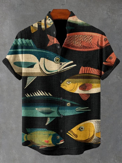 2025 new men's short sleeved shirt, Japanese art printed shirt, summer men's casual cardigan breathable bamboo and linen shirt