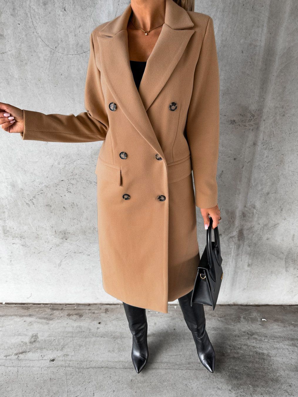 Autumn and Winter Women's Clothing Long-sleeved Lapel Solid Color Double-breasted Slim-fit Coat