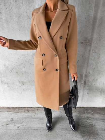 Autumn and Winter Women's Clothing Long-sleeved Lapel Solid Color Double-breasted Slim-fit Coat